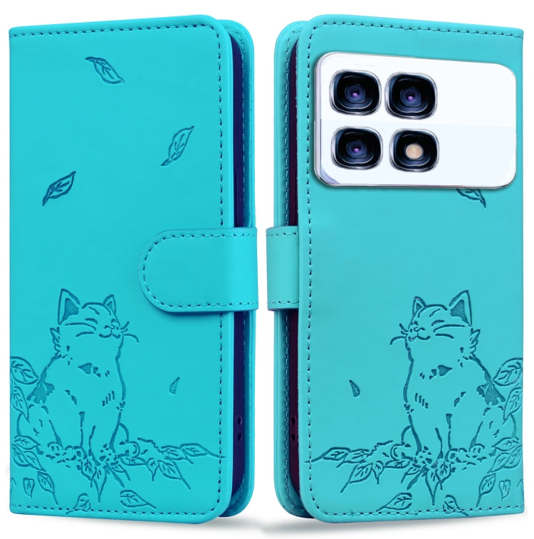 For Redmi K70 Ultra Cute Cat Embossed Leather Phone Case(Lake Blue) - Xiaomi Cases by buy2fix | Online Shopping UK | buy2fix