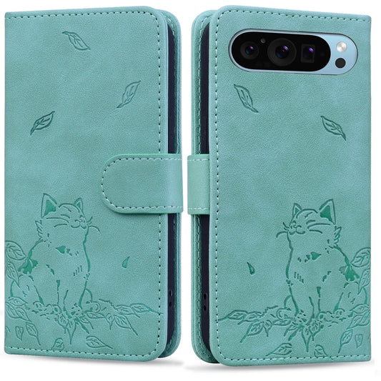 For Google Pixel 9 / 9 Pro Cute Cat Embossed Leather Phone Case(Green) - Google Cases by buy2fix | Online Shopping UK | buy2fix