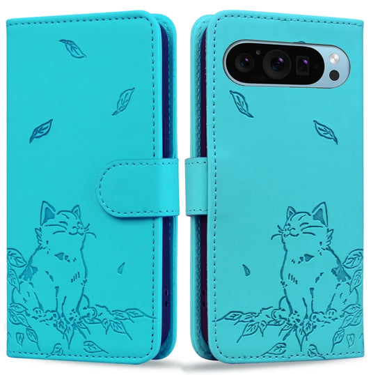 For Google Pixel 9 / 9 Pro Cute Cat Embossed Leather Phone Case(Lake Blue) - Google Cases by buy2fix | Online Shopping UK | buy2fix