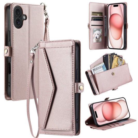 For iPhone 16 Wallet Multi-card Slot Leather Phone Case with Lanyard(Rose Gold) - iPhone 16 Cases by buy2fix | Online Shopping UK | buy2fix