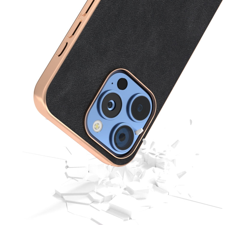 For iPhone 16 Pro Electroplated Frame PU Leather Full Coverage Phone Case(Black) - iPhone 16 Pro Cases by buy2fix | Online Shopping UK | buy2fix