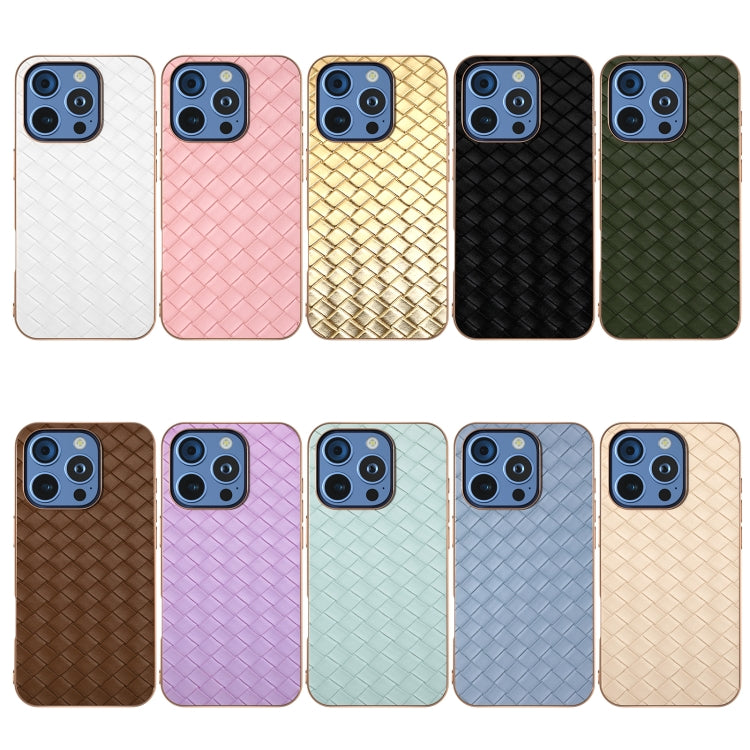 For iPhone 16 Pro Electroplated Frame Woven Texture PU Phone Case(Beige) - iPhone 16 Pro Cases by buy2fix | Online Shopping UK | buy2fix