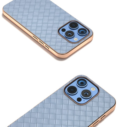 For iPhone 16 Pro Max Electroplated Frame Woven Texture PU Phone Case(Light Blue) - iPhone 16 Pro Max Cases by buy2fix | Online Shopping UK | buy2fix