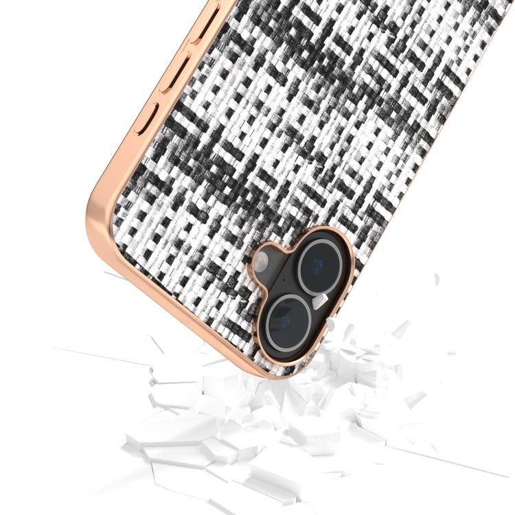 For iPhone 16 Plus Electroplated Frame Color Lattice Texture PU Phone Case(Black) - iPhone 16 Plus Cases by buy2fix | Online Shopping UK | buy2fix