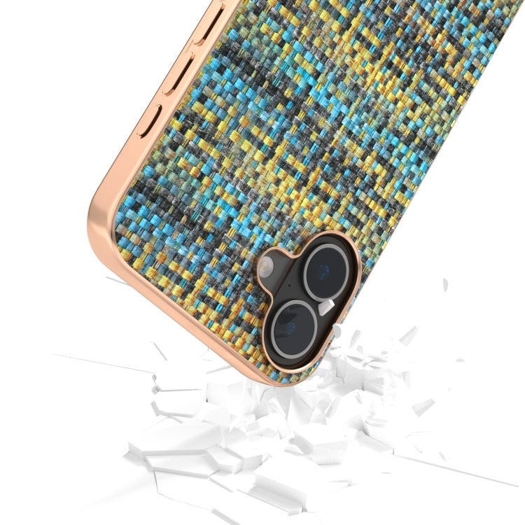 For iPhone 16 Plus Electroplated Frame Color Lattice Texture PU Phone Case(Gold) - iPhone 16 Plus Cases by buy2fix | Online Shopping UK | buy2fix