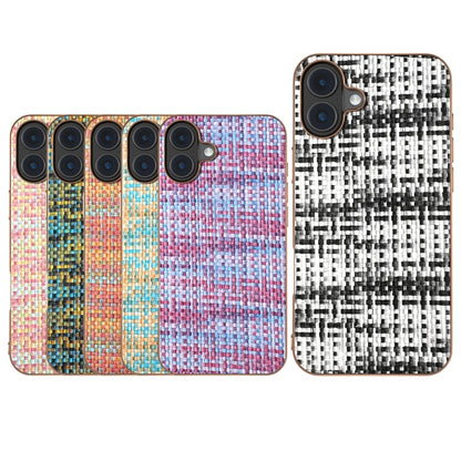 For iPhone 16 Electroplated Frame Color Lattice Texture PU Phone Case(Gold) - iPhone 16 Cases by buy2fix | Online Shopping UK | buy2fix