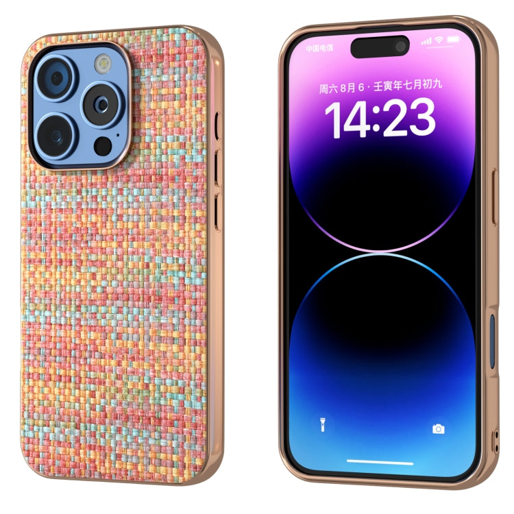 For iPhone 16 Pro Electroplated Frame Color Lattice Texture PU Phone Case(Tangerine) - iPhone 16 Pro Cases by buy2fix | Online Shopping UK | buy2fix