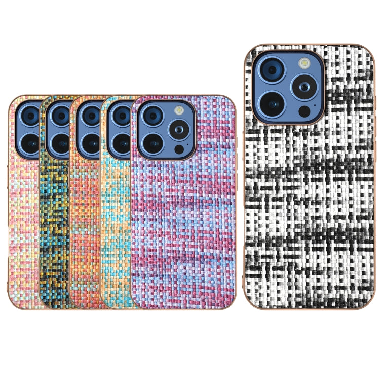 For iPhone 16 Pro Electroplated Frame Color Lattice Texture PU Phone Case(Pink) - iPhone 16 Pro Cases by buy2fix | Online Shopping UK | buy2fix