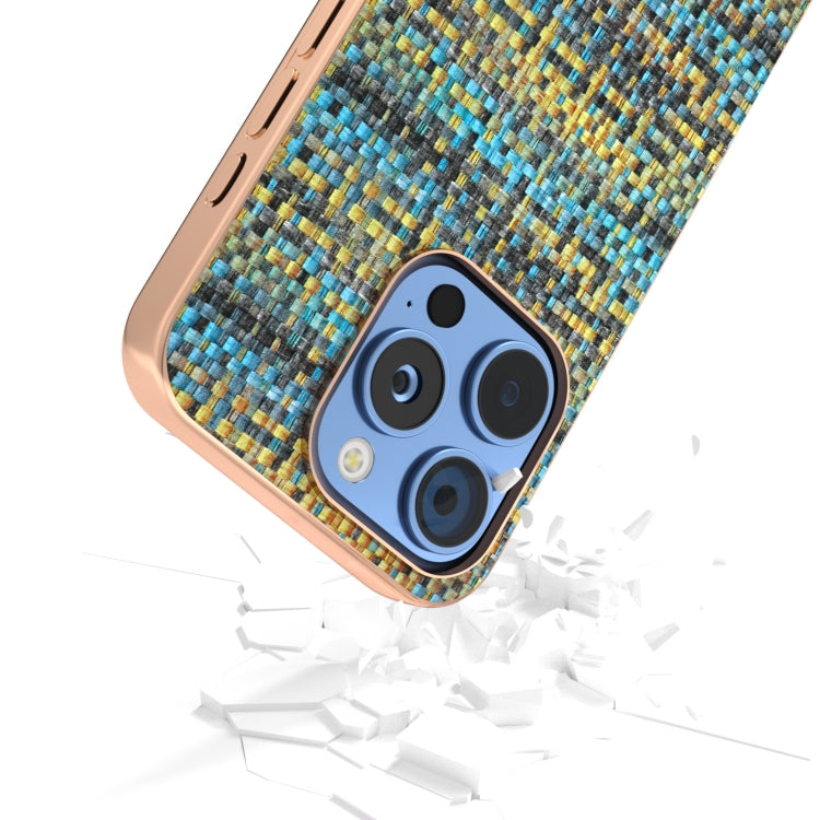 For iPhone 16 Pro Max Electroplated Frame Color Lattice Texture PU Phone Case(Gold) - iPhone 16 Pro Max Cases by buy2fix | Online Shopping UK | buy2fix