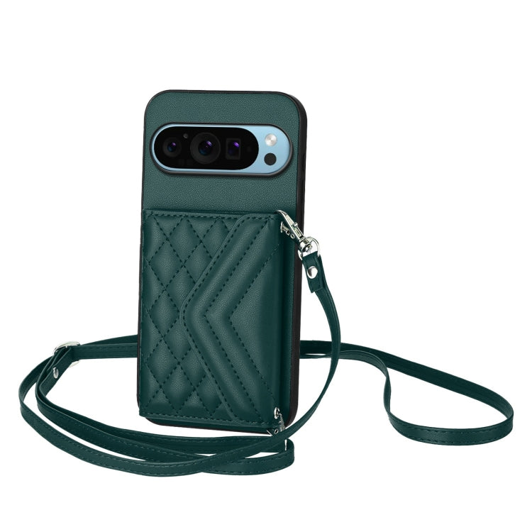 For Google Pixel 9 Pro XL Rhombic Texture Card Bag RFID Phone Case with Long Lanyard(Green) - Google Cases by buy2fix | Online Shopping UK | buy2fix