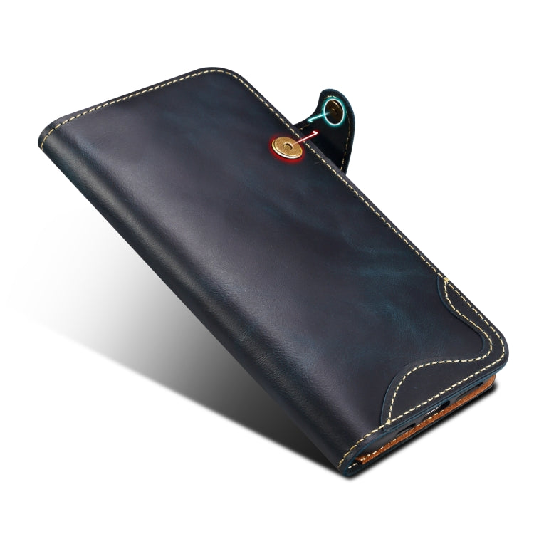 For iPhone 16 Pro Denior B01 Oil Wax Cowhide Magnetic Button Genuine Leather Case(Blue) - iPhone 16 Pro Cases by Denior | Online Shopping UK | buy2fix