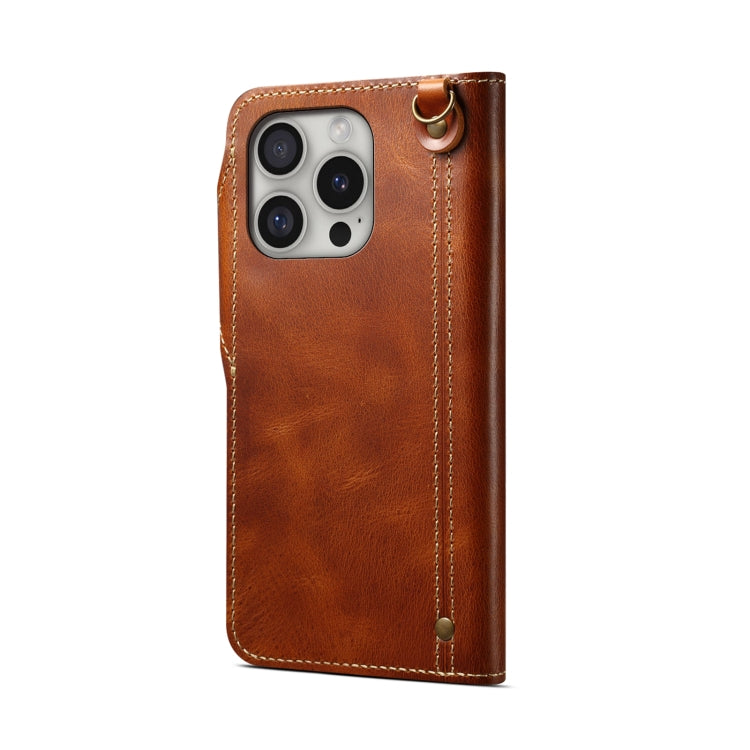 For iPhone 16 Pro Denior B01 Oil Wax Cowhide Magnetic Button Genuine Leather Case(Brown) - iPhone 16 Pro Cases by Denior | Online Shopping UK | buy2fix