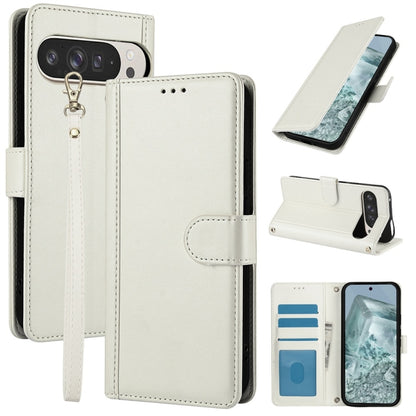 For Google Pixel 9 Pro XL Skin Feel Pure Color Card Slots Leather Phone Case with Dual Lanyard(White) - Google Cases by buy2fix | Online Shopping UK | buy2fix