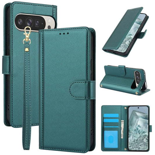 For Google Pixel 9 Pro XL Skin Feel Pure Color Card Slots Leather Phone Case with Dual Lanyard(Green) - Google Cases by buy2fix | Online Shopping UK | buy2fix