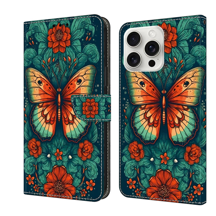 For iPhone 16 Pro Crystal Painted Leather Phone case(Flower Butterfly) - iPhone 16 Pro Cases by buy2fix | Online Shopping UK | buy2fix