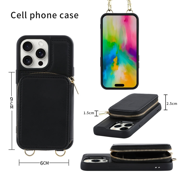 For iPhone 16 Pro Max Crossbody Zipper Wallet Bag Leather Phone Case with Lanyard(Black) - iPhone 16 Pro Max Cases by buy2fix | Online Shopping UK | buy2fix