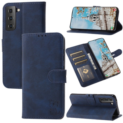 For Samsung Galaxy S25 5G Embossed Happy Cat Pattern Flip Leather Phone Case(Blue) - Galaxy S25 5G Cases by buy2fix | Online Shopping UK | buy2fix