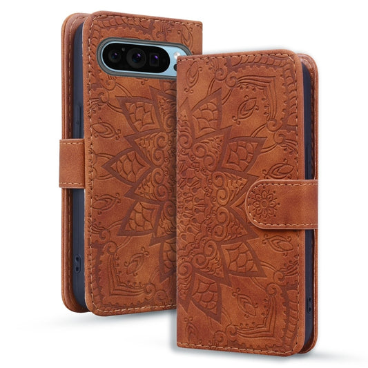 For Google Pixel 9 / 9 Pro Mandala Embossed Dual-Fold Calf Leather Phone Case(Brown) - Google Cases by buy2fix | Online Shopping UK | buy2fix