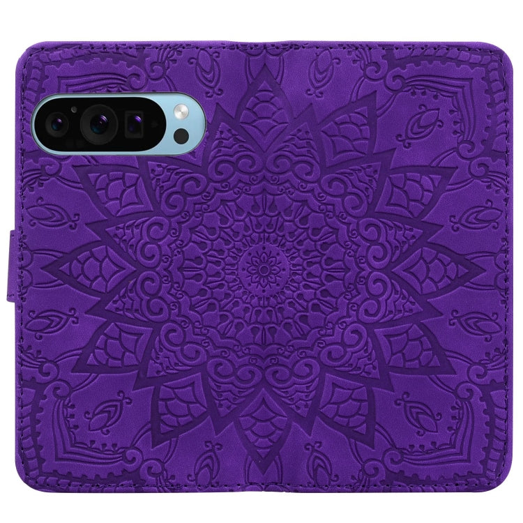 For Google Pixel 9 / 9 Pro Mandala Embossed Dual-Fold Calf Leather Phone Case(Purple) - Google Cases by buy2fix | Online Shopping UK | buy2fix