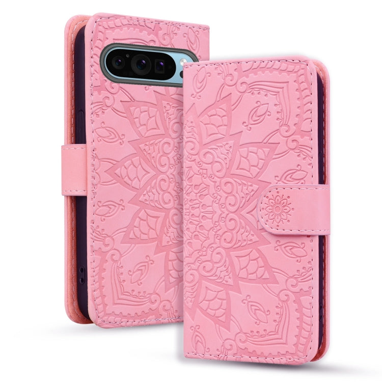 For Google Pixel 9 Pro XL Mandala Embossed Dual-Fold Calf Leather Phone Case(Pink) - Google Cases by buy2fix | Online Shopping UK | buy2fix