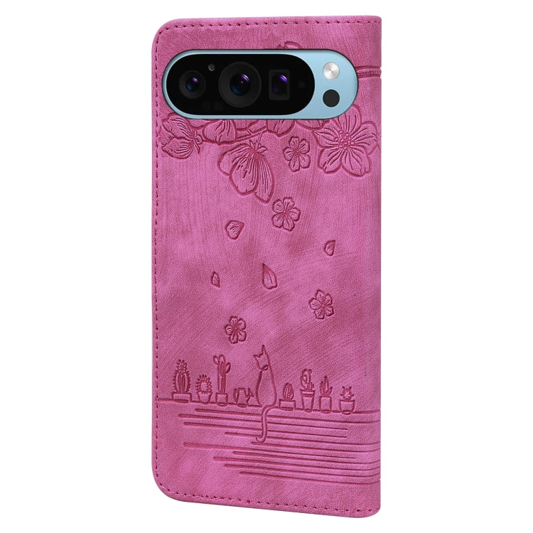 For Google Pixel 9 / 9 Pro Cartoon Sakura Cat Embossed Leather Phone Case(Rose Red) - Google Cases by buy2fix | Online Shopping UK | buy2fix