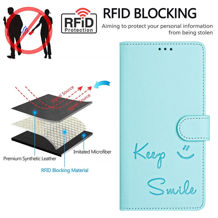 For iPhone 16 Pro Max Smile Embossing RFID Leather Phone Case(Mint Green) - iPhone 16 Pro Max Cases by buy2fix | Online Shopping UK | buy2fix