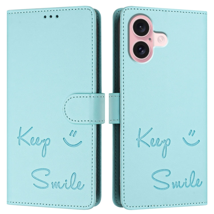 For iPhone 16 Smile Embossing RFID Leather Phone Case(Mint Green) - iPhone 16 Cases by buy2fix | Online Shopping UK | buy2fix