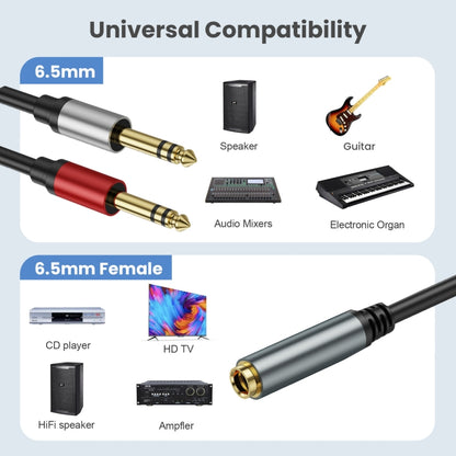 0.3m Gold Plated 6.35mm Female to 2 x 6.35mm Male Stereo Audio Adapter Y Splitter Cable(Black) - Video & Audio Cable by buy2fix | Online Shopping UK | buy2fix