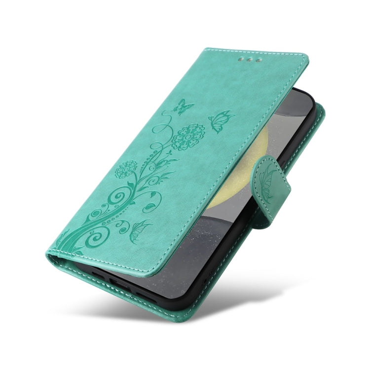 For Samsung Galaxy S25 5G Embossed Butterfly Flowers Leather Phone Case(Green) - Galaxy S25 5G Cases by buy2fix | Online Shopping UK | buy2fix