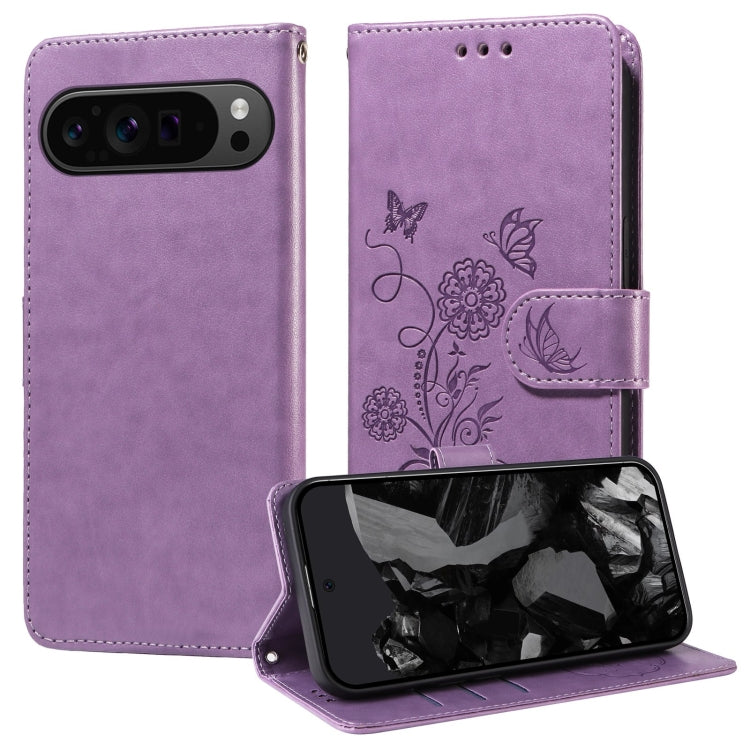 For Google Pixel 9 Pro XL Embossed Butterfly Flowers Leather Phone Case(Purple) - Google Cases by buy2fix | Online Shopping UK | buy2fix