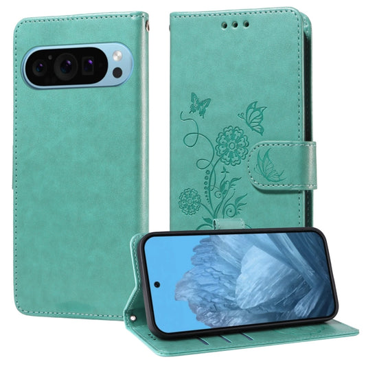 For Google Pixel 9 / 9 Pro Embossed Butterfly Flowers Leather Phone Case(Green) - Google Cases by buy2fix | Online Shopping UK | buy2fix