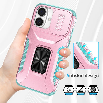 For iPhone 16 Sliding Camshield Holder Phone Case(Pink + Grey Green) - iPhone 16 Cases by buy2fix | Online Shopping UK | buy2fix