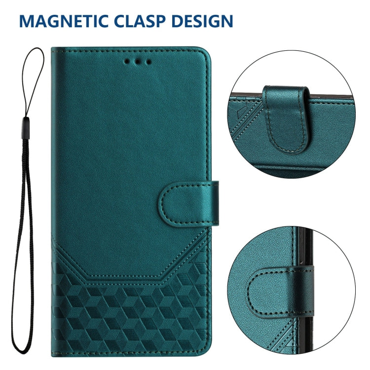 For iPhone 16 Plus Honeycomb Embossing RFID Leather Phone Case(Peacock Green) - iPhone 16 Plus Cases by buy2fix | Online Shopping UK | buy2fix