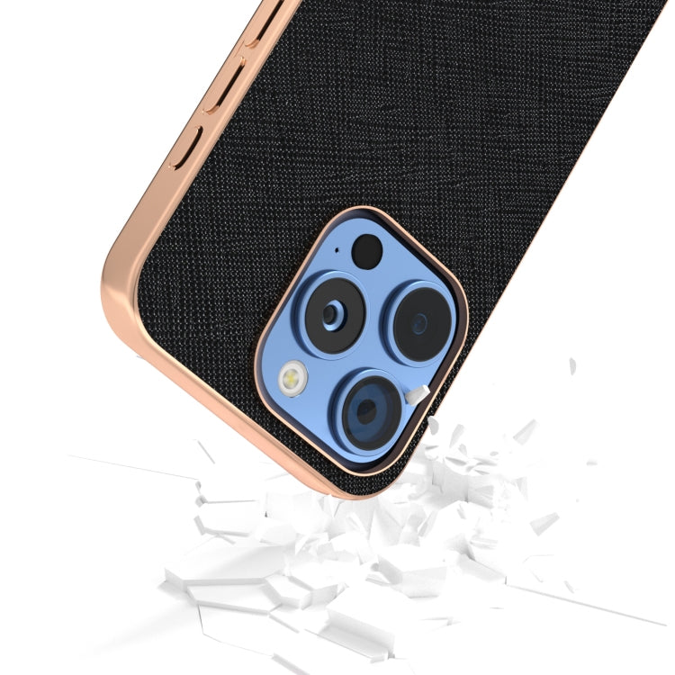 For iPhone 16 Pro Max ABEEL Electroplating Frame Cross Texture Genuine Leather Phone Case(Black) - iPhone 16 Pro Max Cases by buy2fix | Online Shopping UK | buy2fix