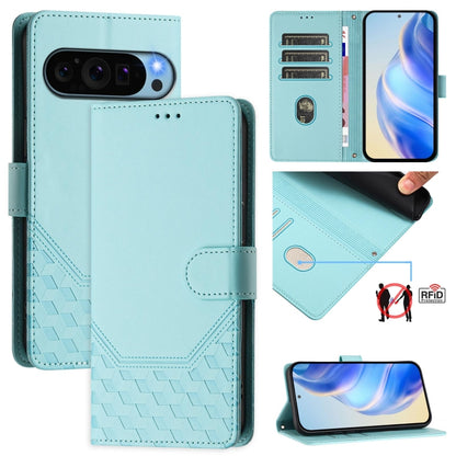 For Google Pixel 9 Pro XL Honeycomb Embossing RFID Leather Phone Case(Mint Green) - Google Cases by buy2fix | Online Shopping UK | buy2fix