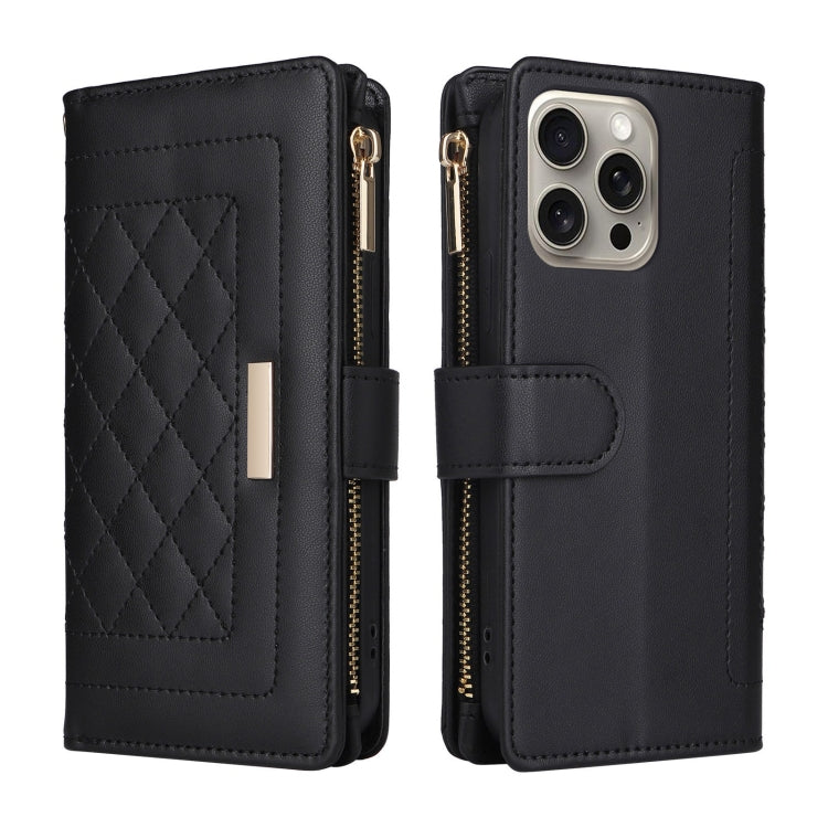 For iPhone 16 Pro Crossbody Zipper Wallet Rhombus Leather Phone Case(Black) - iPhone 16 Pro Cases by buy2fix | Online Shopping UK | buy2fix