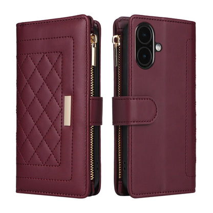 For iPhone 16 Plus Crossbody Zipper Wallet Rhombus Leather Phone Case(Wine Red) - iPhone 16 Plus Cases by buy2fix | Online Shopping UK | buy2fix