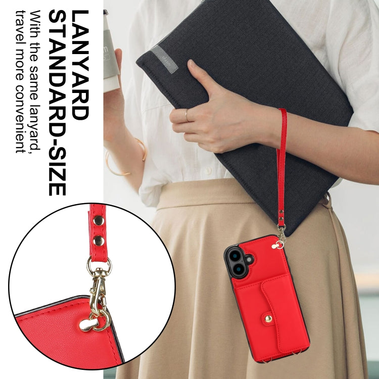 For iPhone 16 Plus RFID Card Slot Phone Case with Long Lanyard(Red) - iPhone 16 Plus Cases by buy2fix | Online Shopping UK | buy2fix