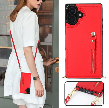 For iPhone 16 Plus Cross-body Zipper Square Phone Case(Red) - iPhone 16 Plus Cases by buy2fix | Online Shopping UK | buy2fix