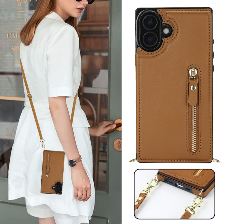 For iPhone 16 Cross-body Zipper Square Phone Case(Brown) - iPhone 16 Cases by buy2fix | Online Shopping UK | buy2fix