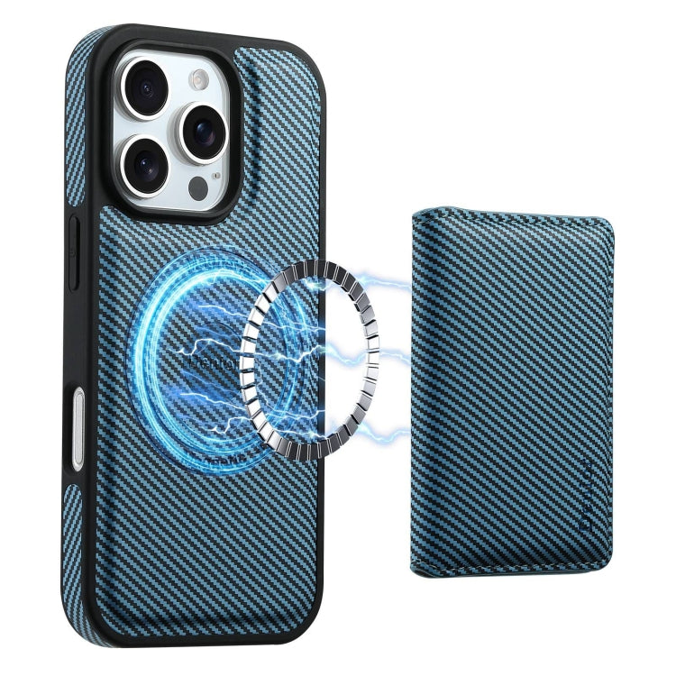 For iPhone 16 Pro Max Denior Carbon Fiber Texture Leather Card Bag MagSafe Phone Case(Blue) - iPhone 16 Pro Max Cases by Denior | Online Shopping UK | buy2fix