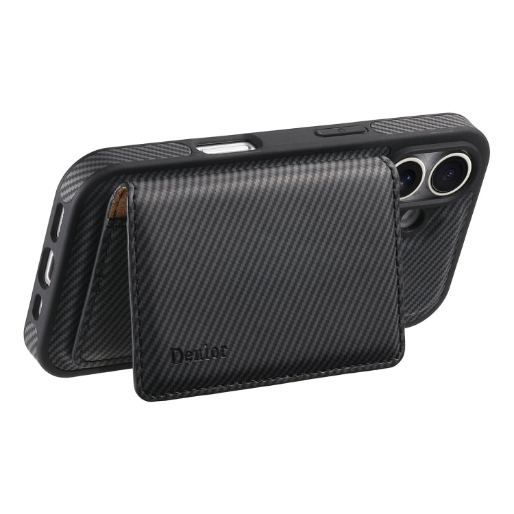 For iPhone 16 Denior Carbon Fiber Texture Leather Card Bag MagSafe Phone Case(Black) - iPhone 16 Cases by Denior | Online Shopping UK | buy2fix