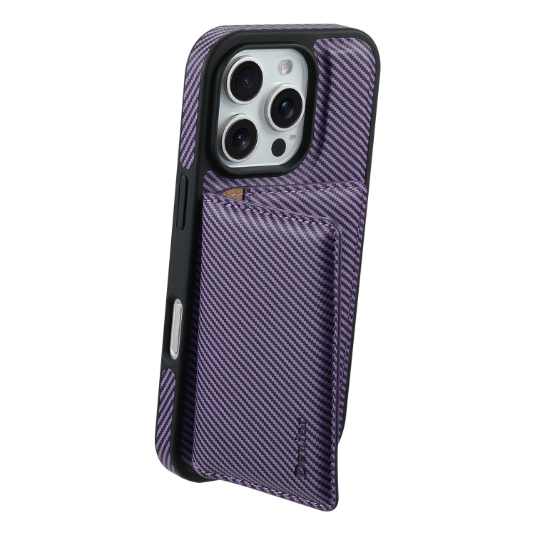 For iPhone 16 Denior Carbon Fiber Texture Leather Card Bag MagSafe Phone Case(Purple) - iPhone 16 Cases by Denior | Online Shopping UK | buy2fix