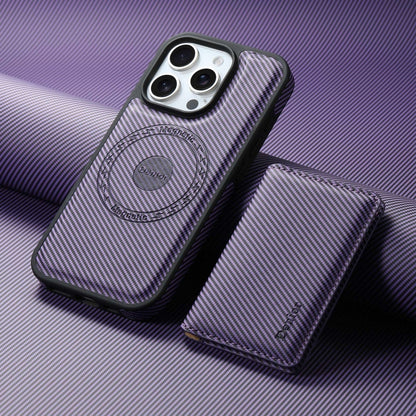 For iPhone 16 Denior Carbon Fiber Texture Leather Card Bag MagSafe Phone Case(Purple) - iPhone 16 Cases by Denior | Online Shopping UK | buy2fix