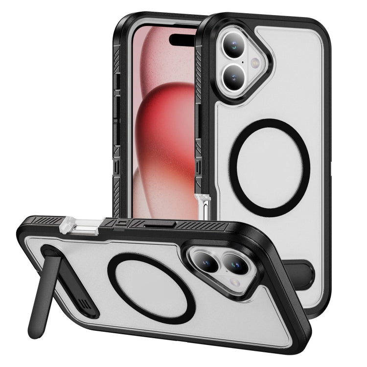 For iPhone 16 Guard MagSafe Holder Matte PC Hybrid TPU Phone Case(Black Transparent) - iPhone 16 Cases by buy2fix | Online Shopping UK | buy2fix