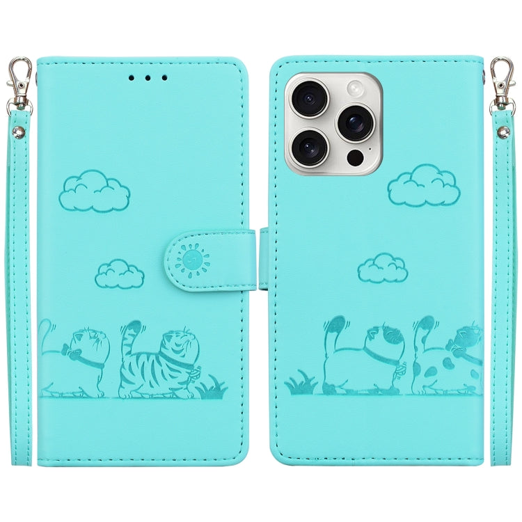 For iPhone 16 Pro Cute Cats RFID Leather Phone Case(Green) - iPhone 16 Pro Cases by buy2fix | Online Shopping UK | buy2fix