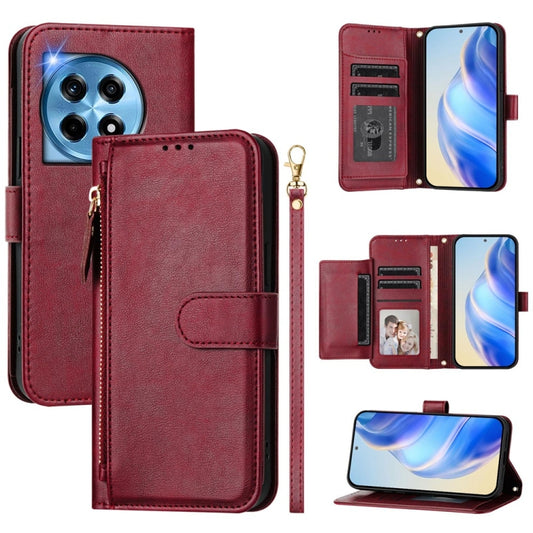 For OnePlus 12 Global Multi-Card Slots Zipper Wallet Leather Phone Case(Dark Red) - OnePlus Cases by buy2fix | Online Shopping UK | buy2fix