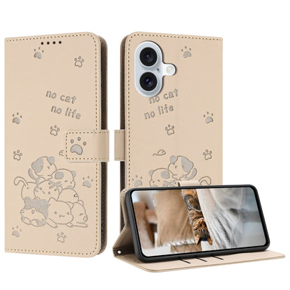 For iPhone 16 Embossed Kitten Phone Leather Case with Lanyard(Beige) - iPhone 16 Cases by buy2fix | Online Shopping UK | buy2fix