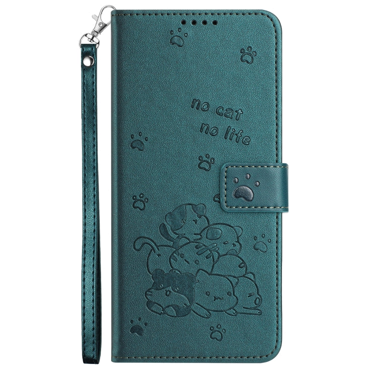 For iPhone 16 Embossed Kitten Phone Leather Case with Lanyard(Dark Green) - iPhone 16 Cases by buy2fix | Online Shopping UK | buy2fix