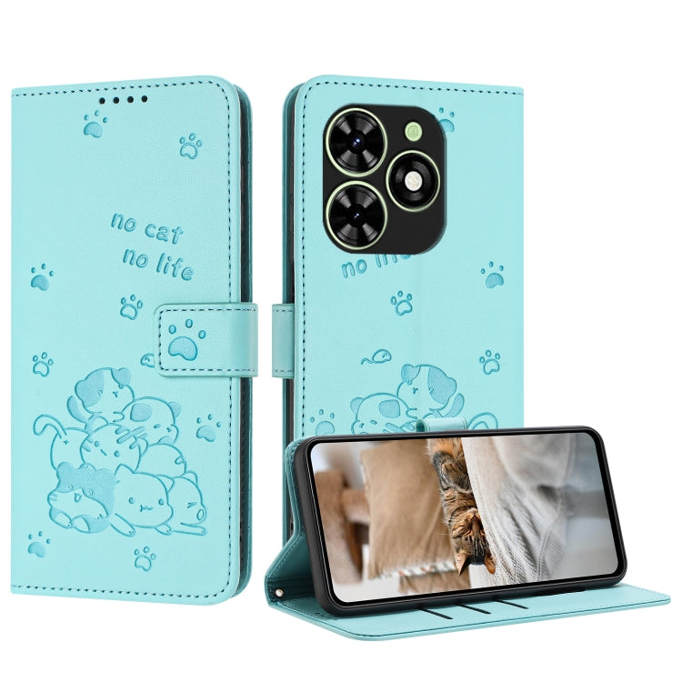 For Tecno Spark Go 2024 4G Embossed Kitten Phone Leather Case with Lanyard(Mint Green) - Tecno Cases by buy2fix | Online Shopping UK | buy2fix